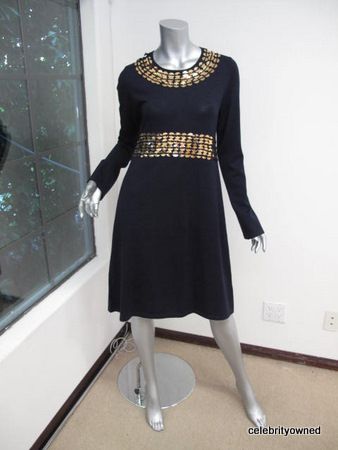 Tory Burch Navy Blue/Gold Plastic Circle Detail Long Sleeve Dress L 