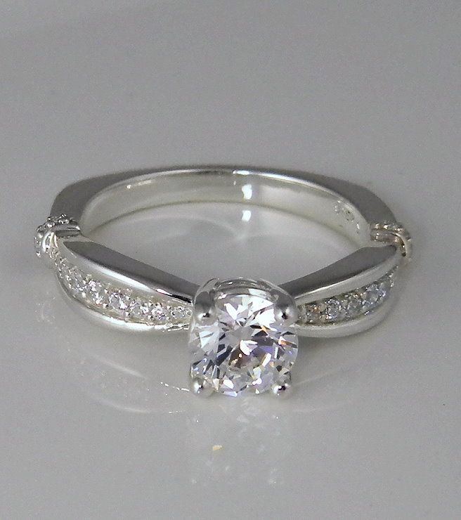   CUT EURO SHANK ENGAGEMENT RING W/ ACCENTS SOLID STERLING SILVER  