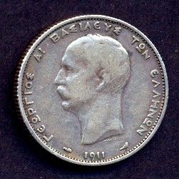 GREECE SILVER COIN,1911 YEAR,XF,CV$75  