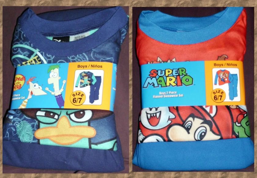 NWT Boys 2pc Flannel Pajamas Mario Bros or Phineas & Ferbs Perry New 
