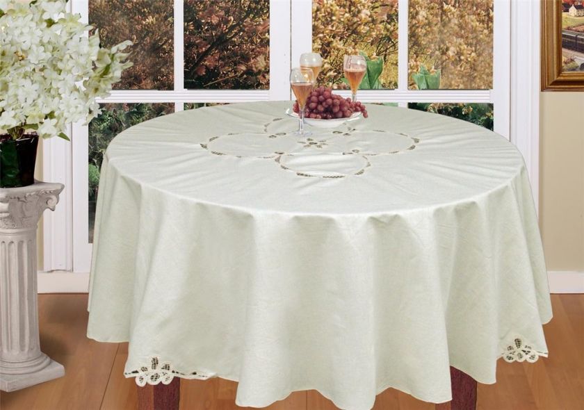 Holiday Battenburg Lace Beige 70 RD Fabric Tablecloth  