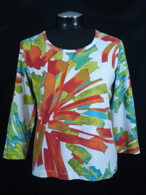 Chicos 1 M Orange Red Green Stretch Cotton Shirt Top Bold Floral Print 