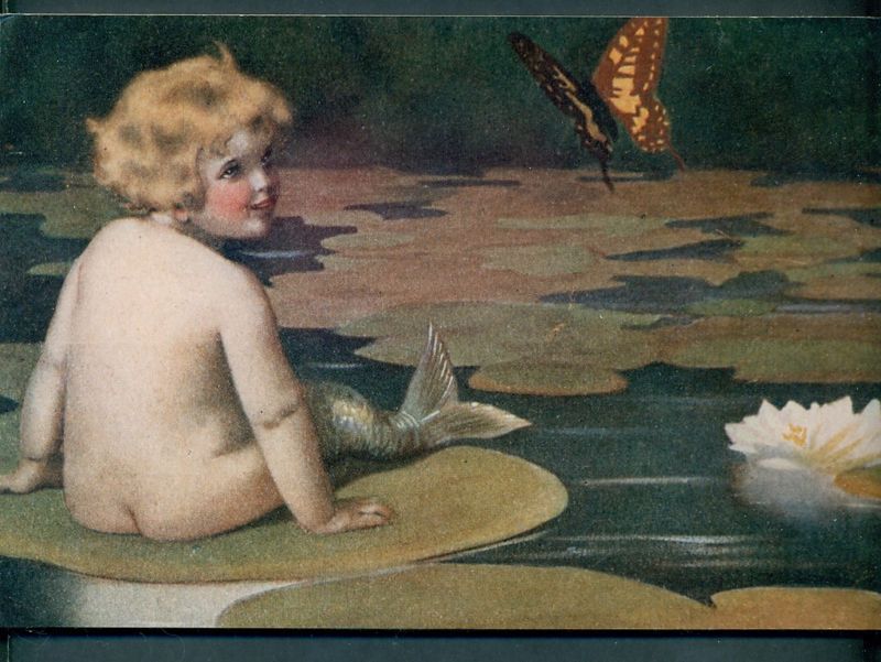 Bessie Pease Gutmann Mermaid Art on board, Lily pad  
